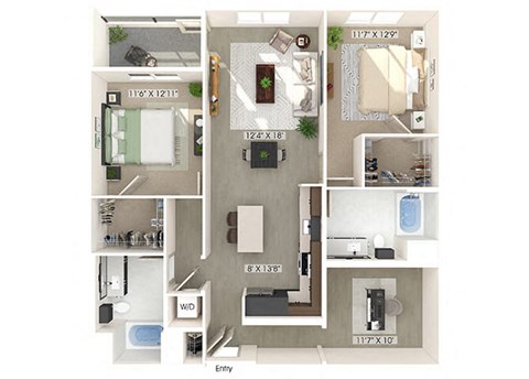 Floor plan for 2 beds, 2 baths, 1298 sqft