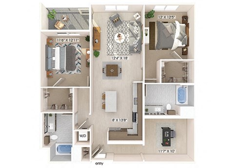 Floor plan for 2 beds, 2 baths, 1298 sqft