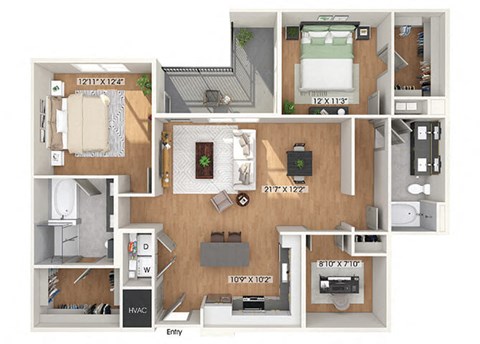 Floor plan for 2 beds, 2 baths, 1331 sqft