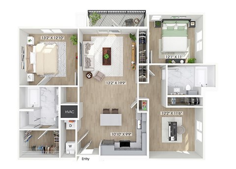 Floor plan for 2 beds, 2 baths, 1333 sqft