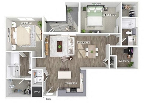 Floor plan for 2 beds, 2 baths, 1310 sqft