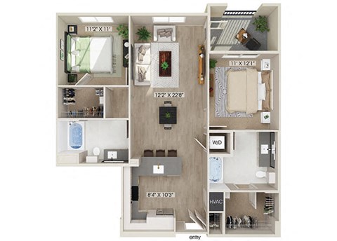 Floor plan for 2 beds, 2 baths, 1076 sqft