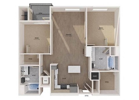 Floor plan for 2 beds, 2 baths, 1130 sqft