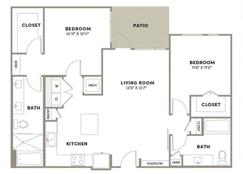 Floor plan for 2 beds, 2 baths, 1159 sqft