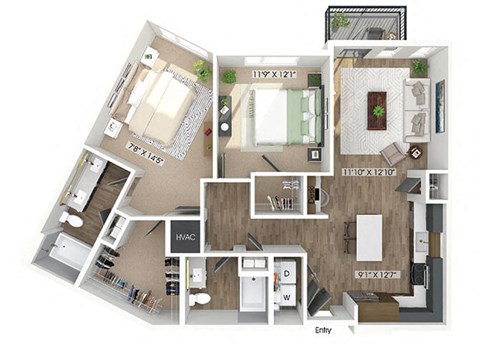 Floor plan for 2 beds, 2 baths, 1160 sqft