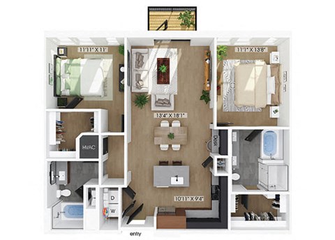 Floor plan for 2 beds, 2 baths, 1168 sqft