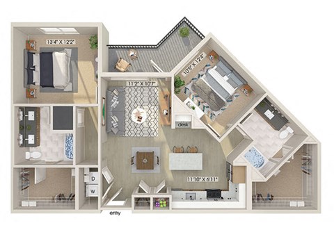 Floor plan for 2 beds, 2 baths, 1169 sqft