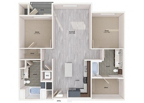 Floor plan for 2 beds, 2 baths, 1208 sqft