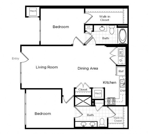 Floor plan for 2 beds, 2 baths, 1175 sqft