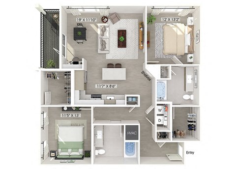 Floor plan for 2 beds, 2 baths, 1263 sqft