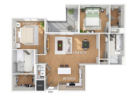 Floor plan for 2 beds, 2 baths, 1270 sqft