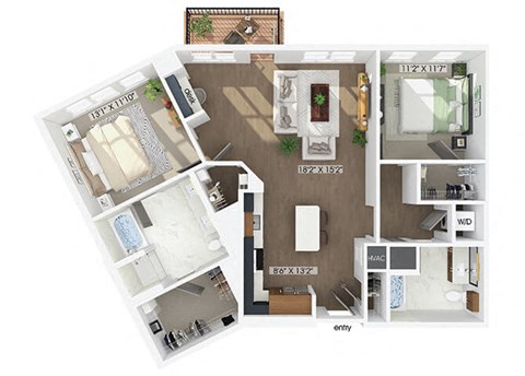 Floor plan for 2 beds, 2 baths, 1289 sqft