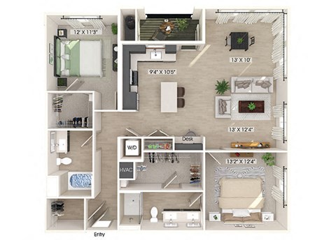 Floor plan for 2 beds, 2 baths, 1314 sqft