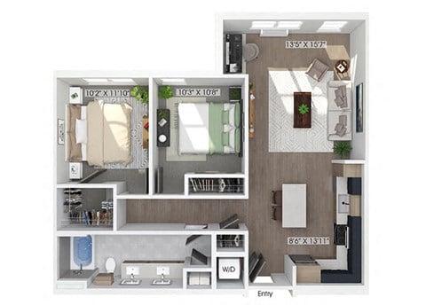 Floor plan for 2 beds, 1 bath, 965 sqft