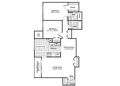Floor plan for 2 beds, 2 baths, 960 sqft