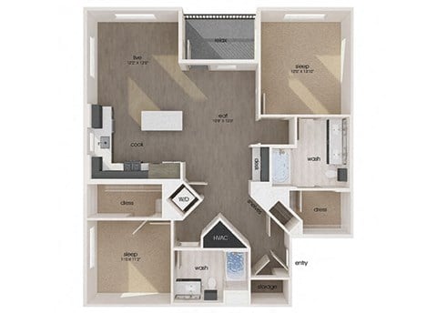 Floor plan for 2 beds, 2 baths, 1295 sqft