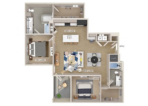 Floor plan for 2 beds, 2 baths, 1291 sqft