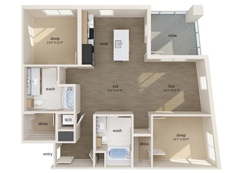 Floor plan for 2 beds, 2 baths, 1138 sqft