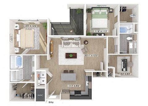 Floor plan for 2 beds, 2 baths, 1287 sqft