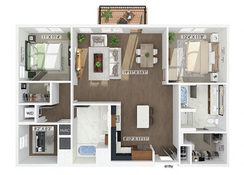 Floor plan for 2 beds, 2 baths, 1352 sqft