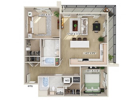 Floor plan for 2 beds, 2 baths, 1015 sqft