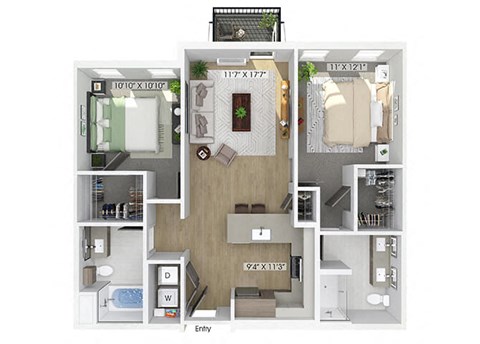 Floor plan for 2 beds, 2 baths, 1025 sqft