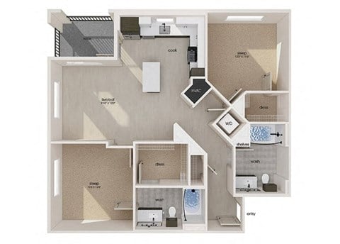 Floor plan for 2 beds, 2 baths, 1083 sqft