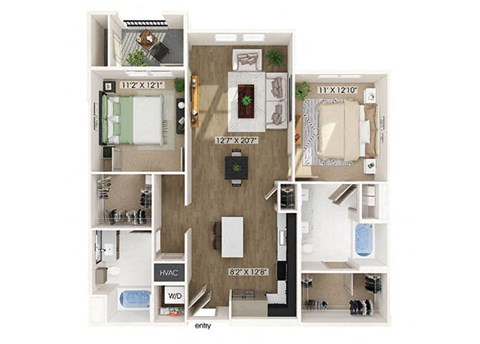 Floor plan for 2 beds, 2 baths, 1170 sqft