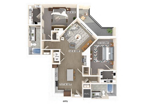 Floor plan for 2 beds, 2 baths, 1159 sqft