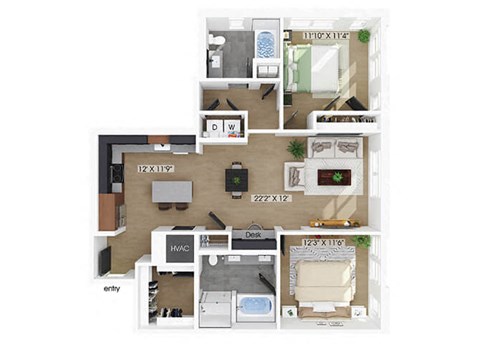 Floor plan for 2 beds, 2 baths, 1191 sqft