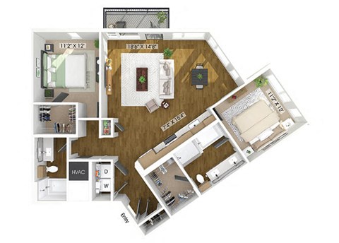 Floor plan for 2 beds, 2 baths, 1203 sqft