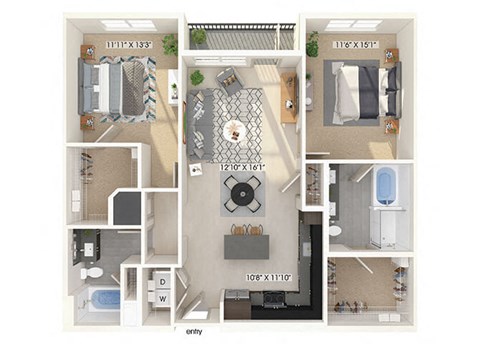 Floor plan for 2 beds, 2 baths, 1236 sqft