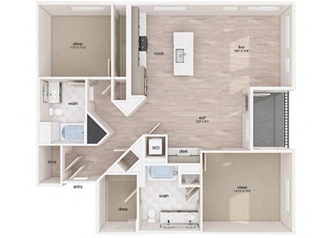 Floor plan for 2 beds, 2 baths, 1310 sqft
