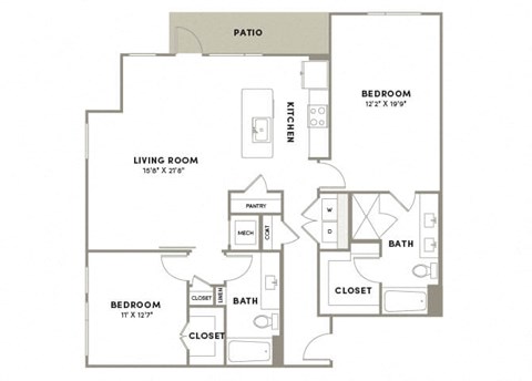 Floor plan for 2 beds, 2 baths, 1377 sqft