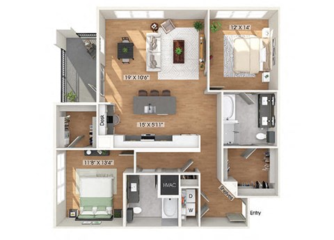 Floor plan for 2 beds, 2 baths, 1400 sqft