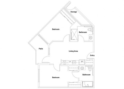 Floor plan for 2 beds, 1.5 baths, 808 sqft