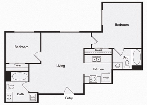 Floor plan for 2 beds, 2 baths, 887 sqft