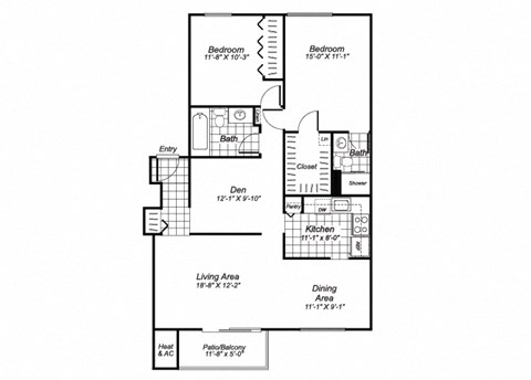 Floor plan for 2 beds, 2 baths, 960 sqft