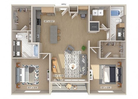 Floor plan for 2 beds, 2 baths, 1323 sqft