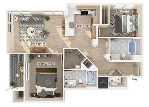 Floor plan for 2 beds, 2 baths, 1179 sqft