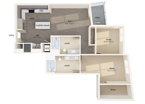 Floor plan for 2 beds, 2 baths, 1222 sqft