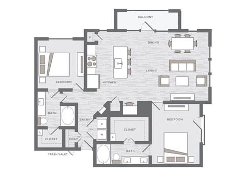 Floor plan for 2 beds, 2 baths, 1368 sqft