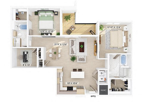 Floor plan for 2 beds, 2 baths, 1293 sqft