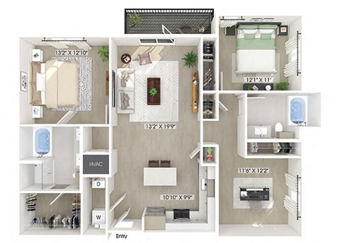 Floor plan for 2 beds, 2 baths, 1333 sqft