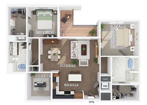 Floor plan for 2 beds, 2 baths, 1448 sqft