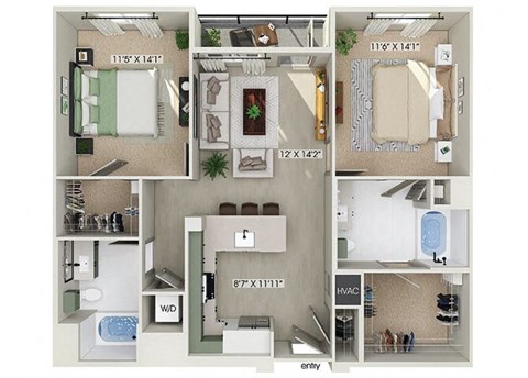 Floor plan for 2 beds, 2 baths, 1075 sqft