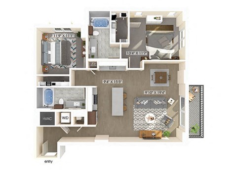 Floor plan for 2 beds, 2 baths, 1177 sqft