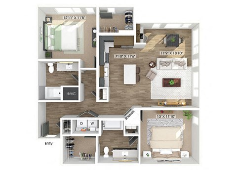 Floor plan for 2 beds, 2 baths, 1226 sqft