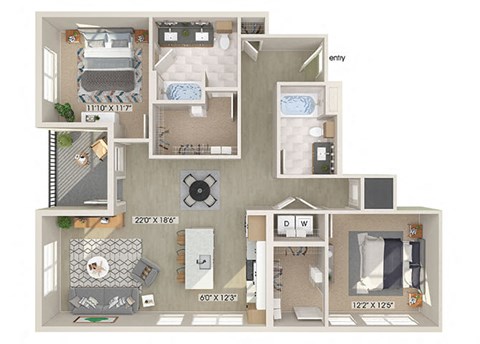 Floor plan for 2 beds, 2 baths, 1263 sqft