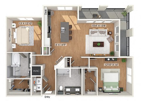 Floor plan for 2 beds, 2 baths, 1398 sqft